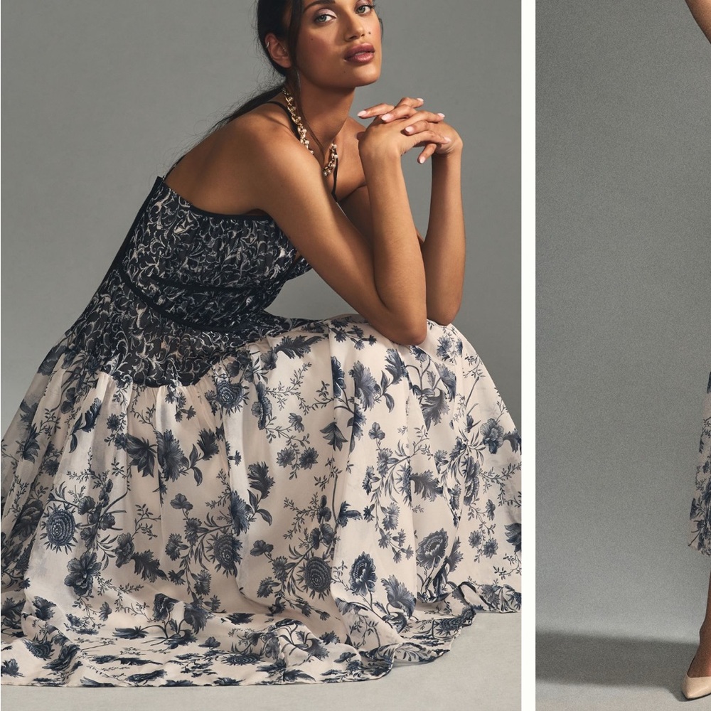 Anthropologie Navy and Cream Floral Midi Dress - Picture 11 of 11
